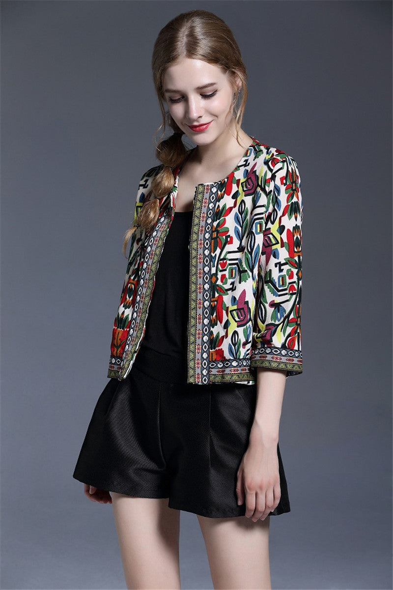 Embroidered ethnic print coat