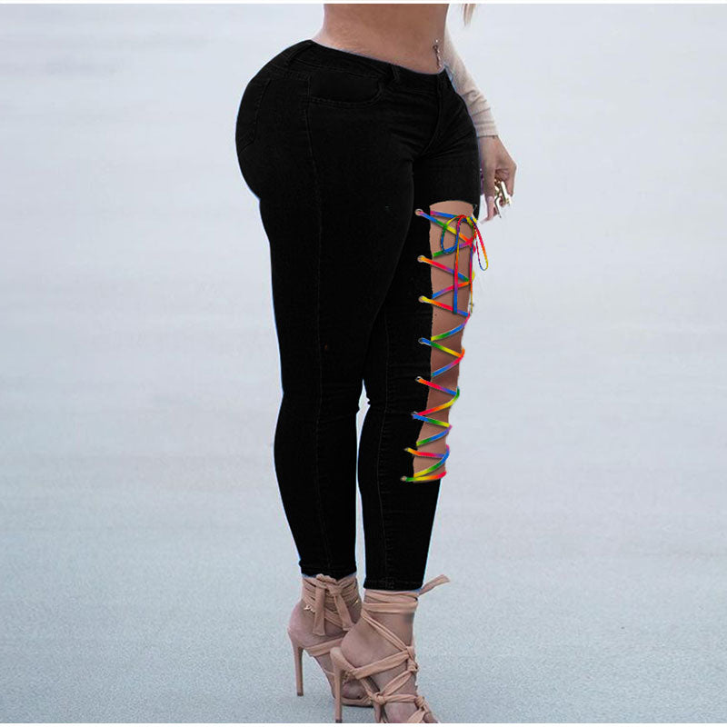 Sexy Asymmetric Lace Up Skinny Jeans