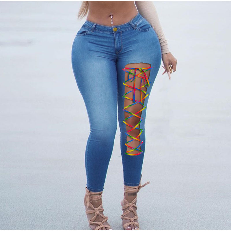 Sexy Asymmetric Lace Up Skinny Jeans