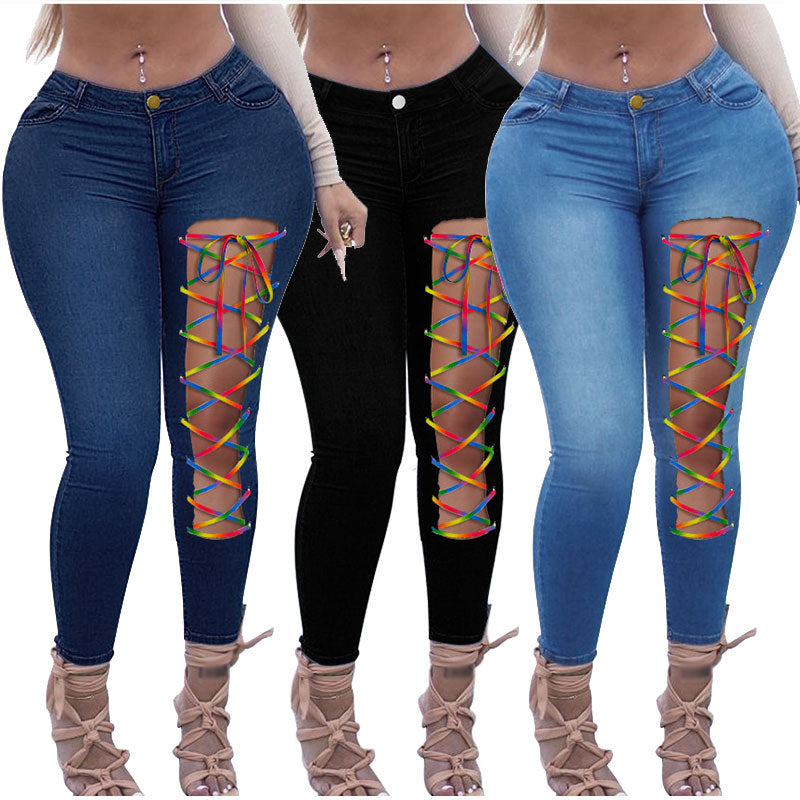 Sexy Asymmetric Lace Up Skinny Jeans