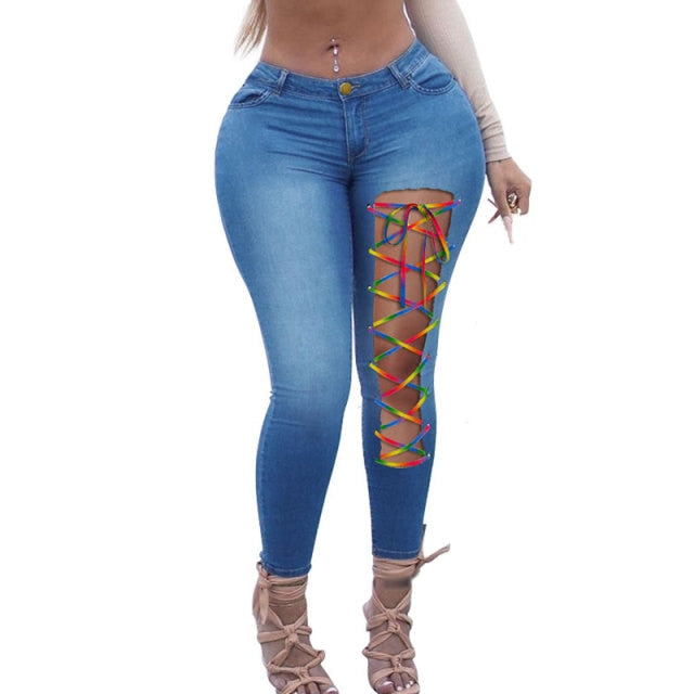 Sexy Asymmetric Lace Up Skinny Jeans