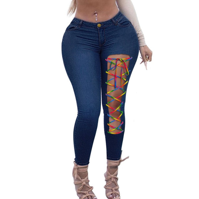 Sexy Asymmetric Lace Up Skinny Jeans