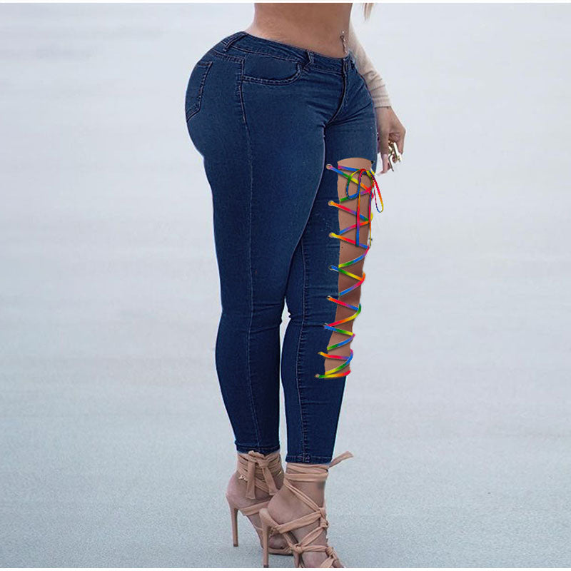 Sexy Asymmetric Lace Up Skinny Jeans