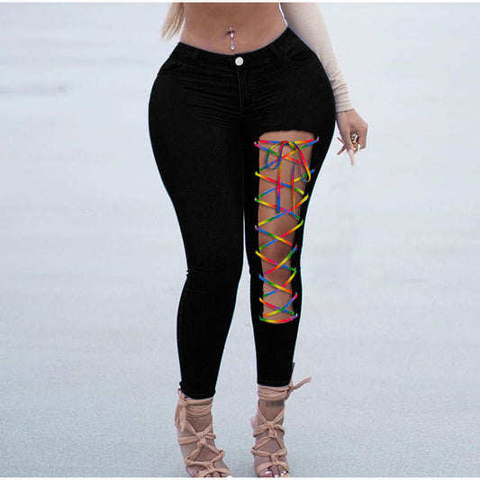 Sexy Asymmetric Lace Up Skinny Jeans